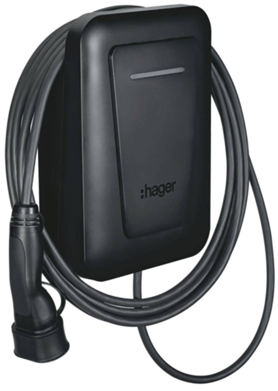 Schwarze Hager-Elektrofahrzeug-Ladestation mit aufgewickeltem Kabel und angebrachtem Steckverbinder