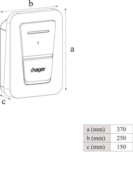 Bemaßte Produktzeichnung einer an der Wand montierten Hager-Einheit, mit den Bezeichnungen a=370 mm, b=250 mm, c=150 mm.