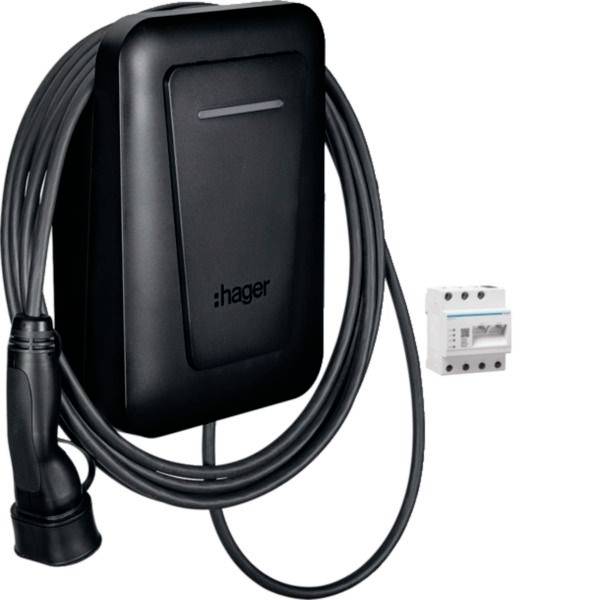 Tragbares Elektrofahrzeug-Ladekabel mit schwarzem Hager-Steuerkasten und angebrachtem Stecker, plus ein kleines Leitungsschutzschalter-Modul.