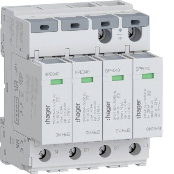Weißes Hager SPE040 Überspannungsschutzmodul mit vier Anzeigewerte-Fenstern und Anschlussschrauben, dargestellt als DIN-Hutschienen-Elektrogerät.