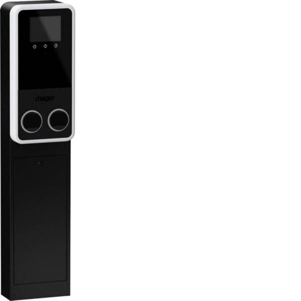 Schwarzes Hager-Wandmontage-Smart-Bedienfeld mit kleinem Bildschirm und zwei runden Tasten über einem großen unteren Fach.