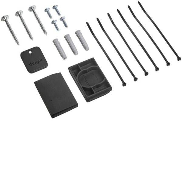 Sortiertes Montagehardware-Set mit Schrauben, Wanddübeln, Kabelbindern, Klebeband und schwarzen Kunststoffhaltern oder Abdeckungen auf weißem Hintergrund.