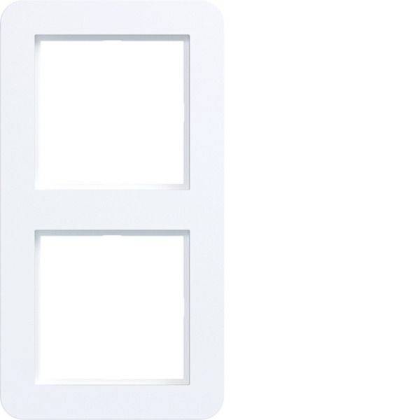 Minimalistischer weißer Rahmen mit abgerundeten Ecken und zwei leeren quadratischen Ausschnitten, die vertikal übereinander angeordnet sind und ein Folien- oder Vorlagenlayout ähneln.