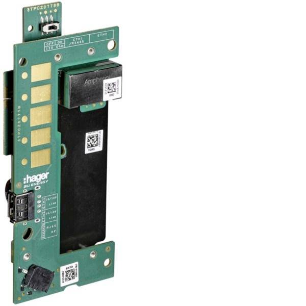 Grünes Hager-Elektronikschaltmodul mit Anschlüssen und QR-Code-Etiketten, isoliert auf weißem Hintergrund dargestellt.