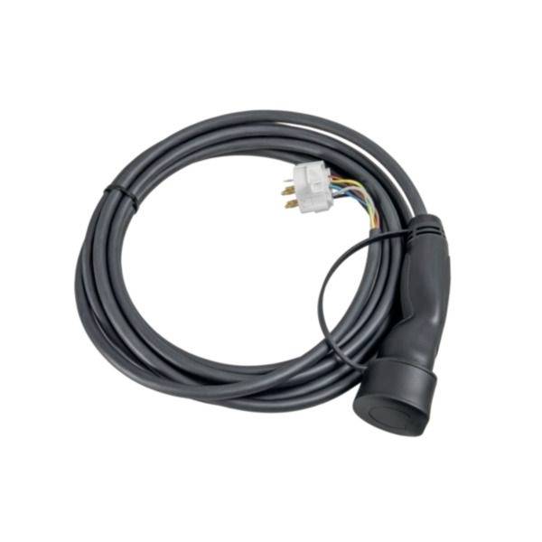 Aufgerolltes schwarzes Kabel mit rundem Stecker und weißem mehradrigem Stecker, dargestellt auf einfachem weißem Hintergrund.