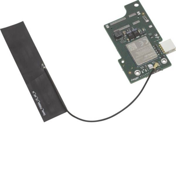 Wi‑Fi-Antennenmodul mit einer langen schwarzen externen Antenne, die durch ein Kabel mit einer kleinen Leiterplatte und einem Stecker verbunden ist.