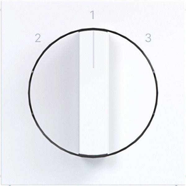 Ein minimalistischer kreisförmiger Bedienknopf auf einem weißen Bedienfeld, mit einem zentralen vertikalen Indikator und den Zahlen 1, 2 und 3 rundherum.