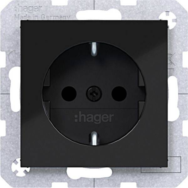 Black Hager Elektrosteckdose mit Metallmontagrahmen, frontal vor weißem Hintergrund dargestellt.