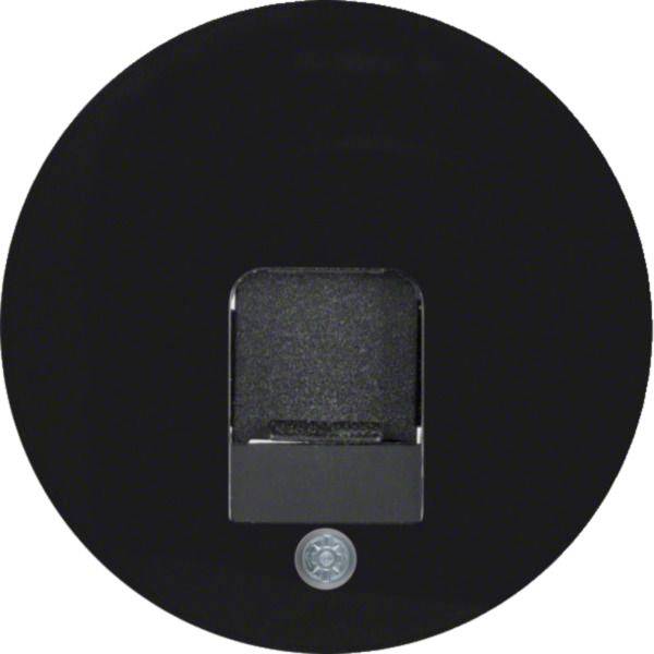 Schwarze kreisförmige Wandplatte mit einer zentralen quadratischen Halterung und einem kleinen runden Sensor oder Anzeiger darunter.