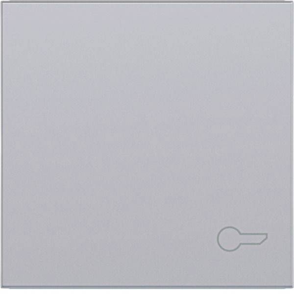 Nahaufnahme eines schlichten silbernen quadratischen Metallpanels oder einer Tür mit einem kleinen schlüssellochähnlichen Symbol in der unteren rechten Ecke.