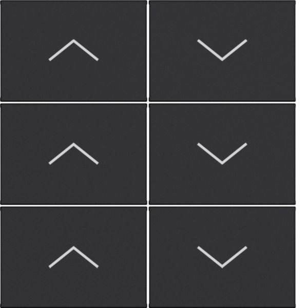 Sechs dunkelgraue quadratische Schaltflächen in einem 2-Spalten-3-Zeilen-Gitter, jede mit einem weißen Chevron-Symbol: linke Spalte zeigt nach oben, rechte Spalte zeigt nach unten.