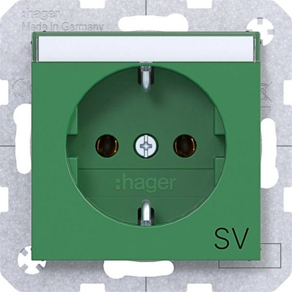 Grüne Hager Steckdose für Einzelmontage auf einer Metallmontageplatte, gekennzeichnet mit „SV