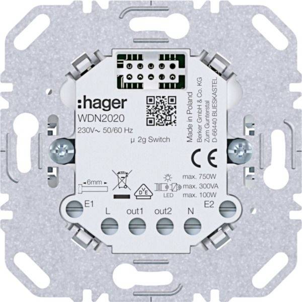 Hager WD2020 2-Wege-Schaltermodul mit Anschllussklemmen, QR-Code, Spannungsangabe und Belastungsgrenzen auf der Vorderseite gedruckt.