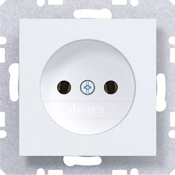 Weiße elektrische Wandsteckdose mit zwei runden Löchern und einem zentralen Erdungssymbol, dargestellt auf einer quadratischen Montageplatte.