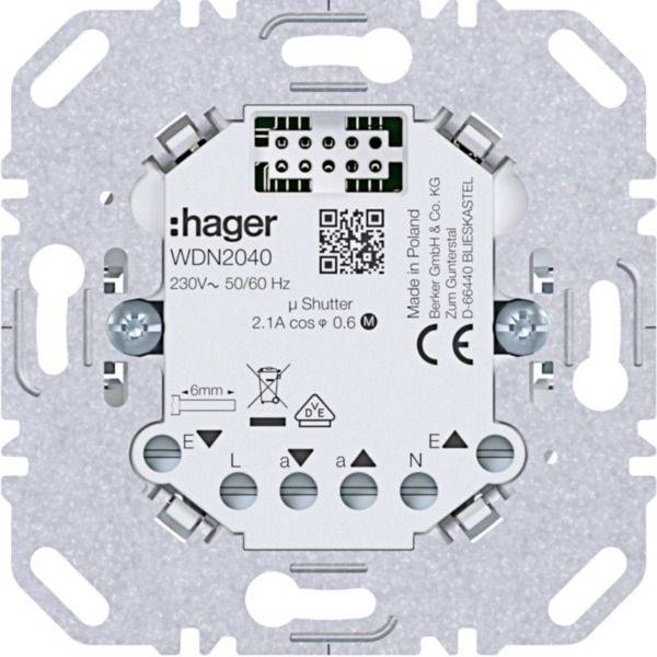 Hager WDN2040 230V Rollladenschalter-Mechanismus mit Anschlussbezeichnungen, QR-Code und Befestigungsrahmen.