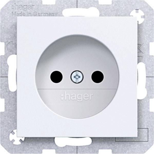 Weiße Hager Elektrosteckdose mit zwei runden Löchern und einem zentrierten Erdungskontakt, montiert auf einem grauen Metallrahmen.