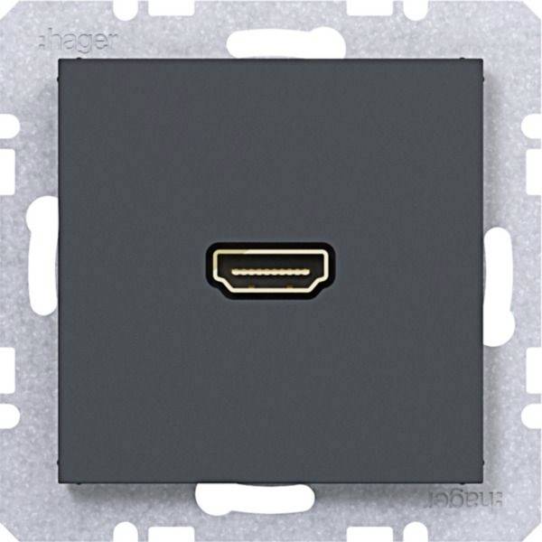 An der Wand montierte HDMI-Anschlussplatte mit einem einzelnen, zentriert angebrachten HDMI-Anschluss auf einem schwarzen quadratischen Panel.