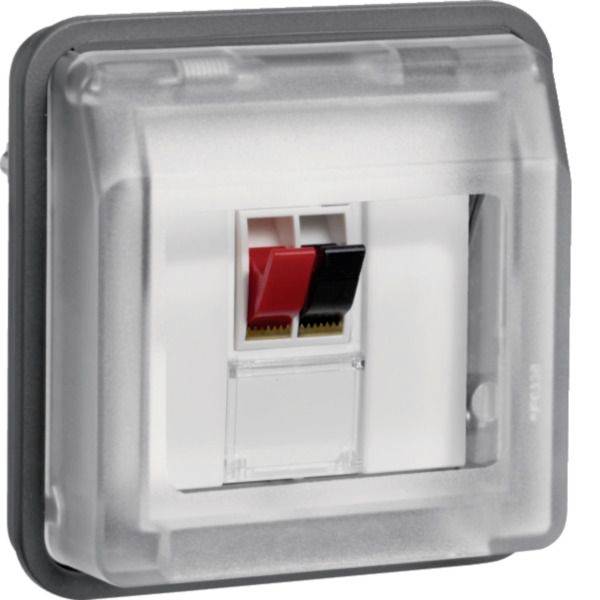 Außen angebrachter elektrischer Wandschalter mit transparenter Schutzabdeckung und roten und schwarzen Umschalthebeln im Inneren.