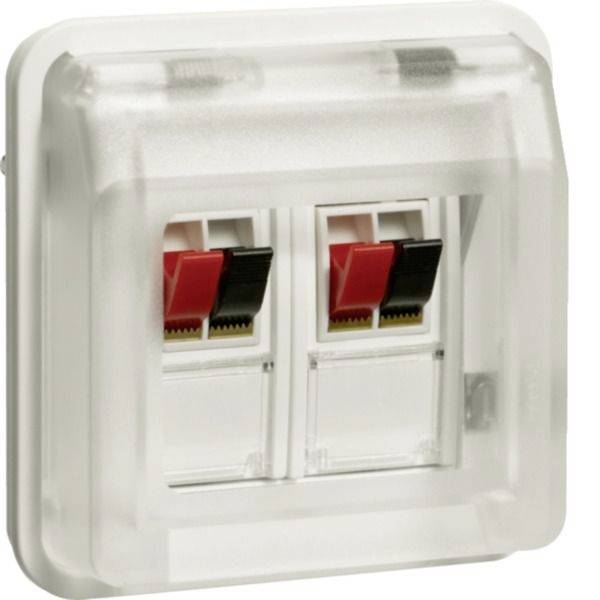 Duale Ethernet-Wandanschlüsse in einer transparenten Schutzabdeckung mit sichtbaren roten und schwarzen Kabelclips.