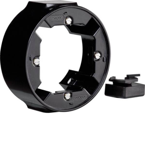 Schwarzer kreisförmiger Montageringring mit Schrauben und einem separaten kleinen schwarzen Clip oder Abdeckungstück auf weißem Hintergrund.