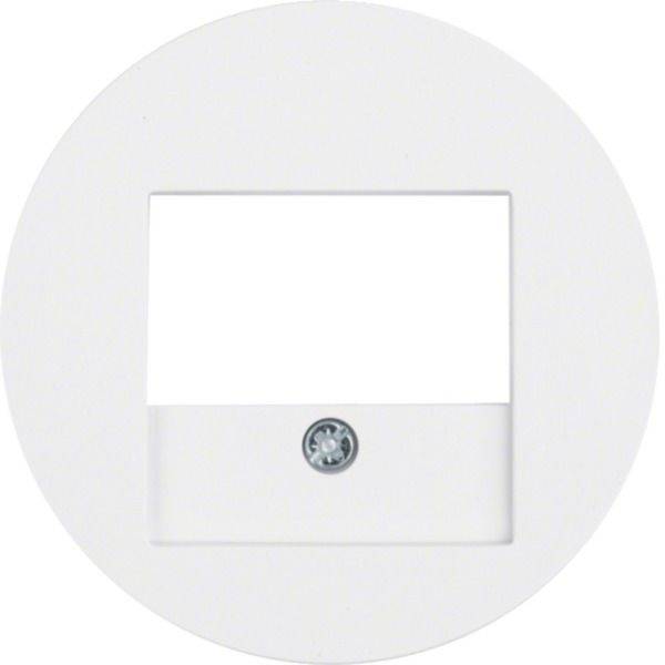 Weißer quadratischer Wandsteckdosenabdeckung mit einer zentralen runden Schraube oder einem Sensor auf einem kreisförmigen weißen Hintergrund.
