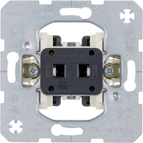 Rückansicht eines Wandsteckdosen-Schalter-Mechanismus mit Metallmontageplatte und Schraubklemmen, gekennzeichnet mit 10A 250V.