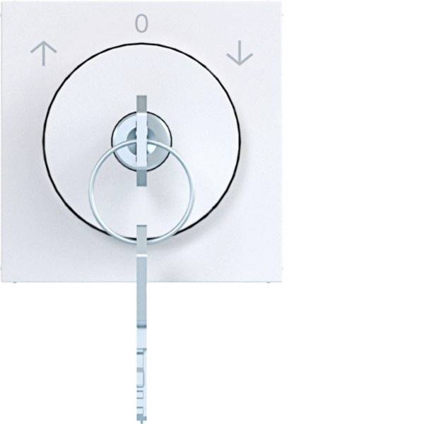 Nahaufnahme eines weißen kreisförmigen Bedienelements mit Pfeilschaltflächen nach oben und unten, einem zentralen Ring und einem vertikalen griffähnlichen Marker, der am unteren Ende ausgerichtet ist.