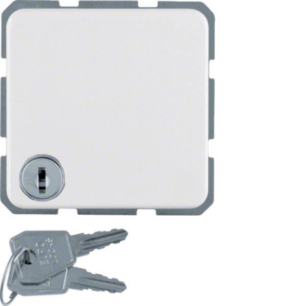 Weiße quadratische Lockbox oder Tresorür mit einem Schlüsselloch, gezeigt mit zwei Schlüsseln darunter.