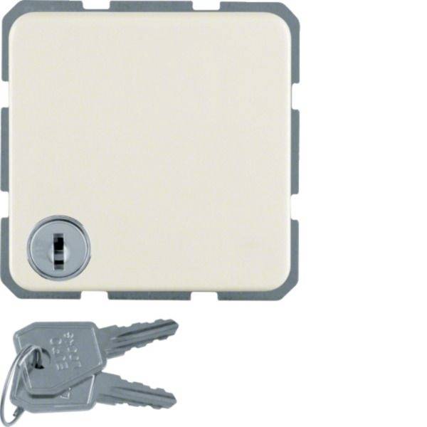 Quadratisches Schloss für Geldkassette oder Schrank mit eingefügtem Schlüssel, darunter zwei Metallschlüssel dargestellt.