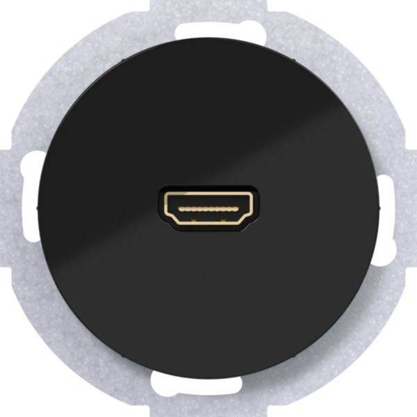 Nahaufnahme eines runden schwarzen Geräts mit einem einzelnen HDMI-Anschluss in der Mitte, dargestellt in einem silbernen Befestigungsring.
