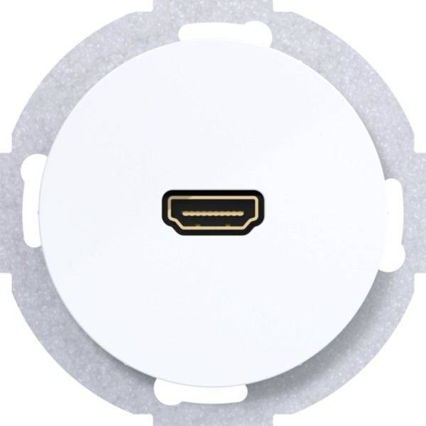 Nahaufnahme eines HDMI-Anschlusses, der auf einem weißen kreisförmigen Gerät oder Stecker zentriert ist, dargestellt mit einem grauen Ring darum.