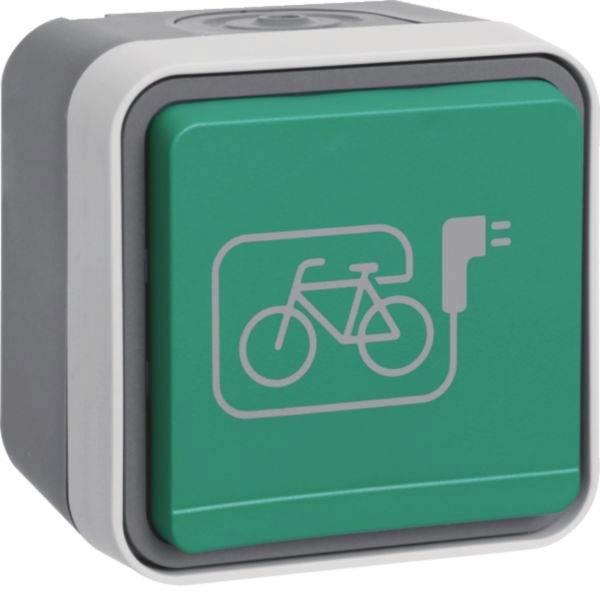 Grüner quadratischer Wandschalter mit einem Fahrrad- und Stromsteckersymbol, das einen Ladepunkt oder Laderegler für E-Bikes anzeigt.
