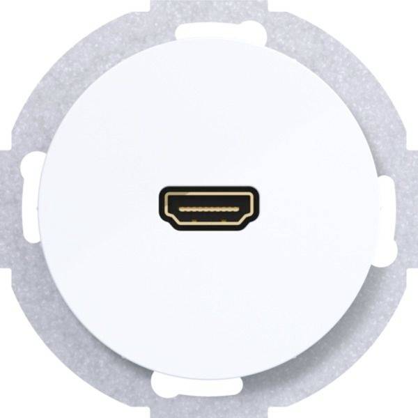 Ein einzelner HDMI-Anschluss zentriert auf einem weißen kreisförmigen Panel mit grauem Rand