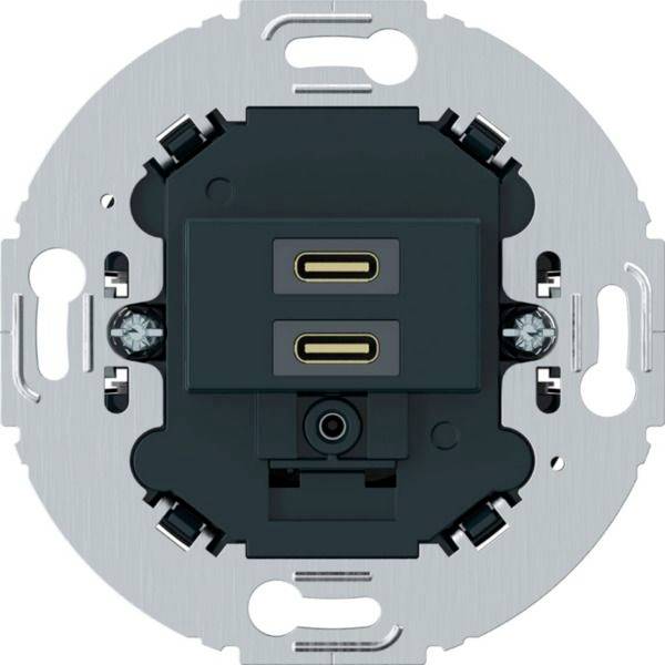 Rückansicht eines Wandsteckdosen-Mechanismus mit zwei USB-C-Anschlüssen, die in einer Metallmontageplatte zentriert sind.