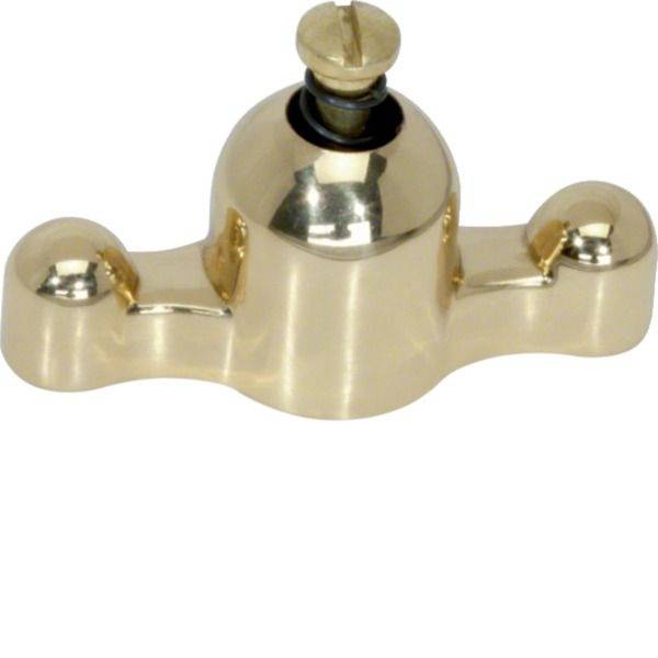 Messingfarbenes Metallhardware-Teil mit zwei abgerundeten Montagelaschen und einer zentralen Schlitzschraube oben, freigestellt auf Weiß.