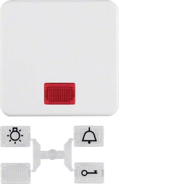 Weiße quadratische Wandplatte mit einem roten Anzeiigefenster, dargestellt über drei kleine aufsteckbare Icon-Module: Licht, Glocke und Schlüssel.