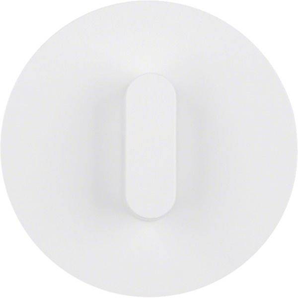 Weiße kreisförmige Schaltfläche mit einem zentrierten vertikalen erhabenen Balken, ähnlich einem minimalistischen Strom- oder Umschaltsymbol.