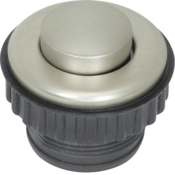 Kleiner runder Metall-Druckschalter mit schwarzer gerillter Basis, auf weißem Hintergrund gezeigt.