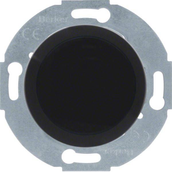 Rundeinsatz für Lichtschalter in Schwarz auf silberner Metallmontageplatte mit Schraubenschlitzen.