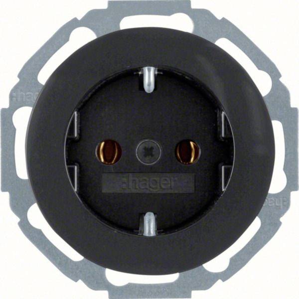 Schwarze runde elektrische Wandsteckdose mit zwei Steckplätzen, montiert auf einem silbernen Metallrahmen.