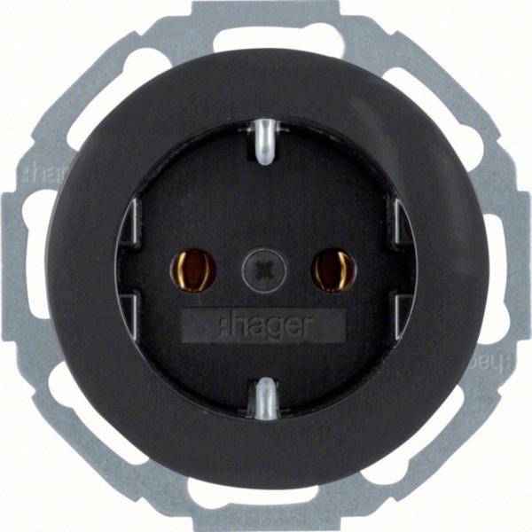 Runde schwarze elektrische Wandsteckdose oder Steckdose mit silbernem Montagerad, Vorderansicht.