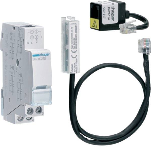 Elektromagnetisches Relaismodul mit verbundenen Sensorkabeln und Steckern, dargestellt als Verdrahtungszubehörset auf weißem Hintergrund.