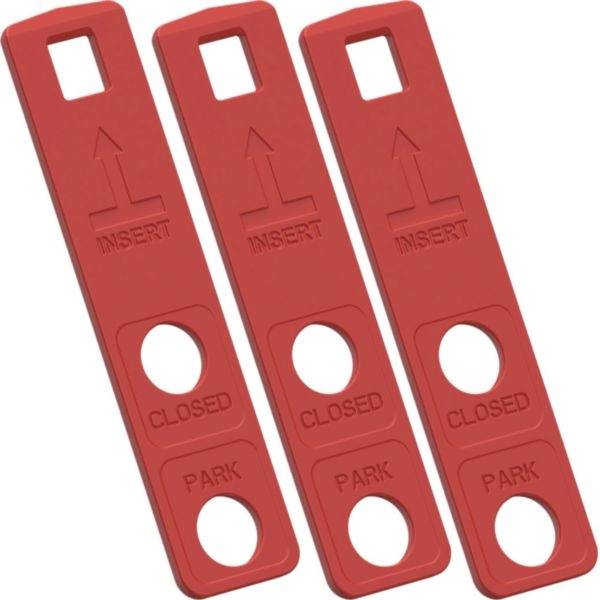 Drei rote Kunststoff-Sicherheitssperrtags mit den Aufschriften „INSERT