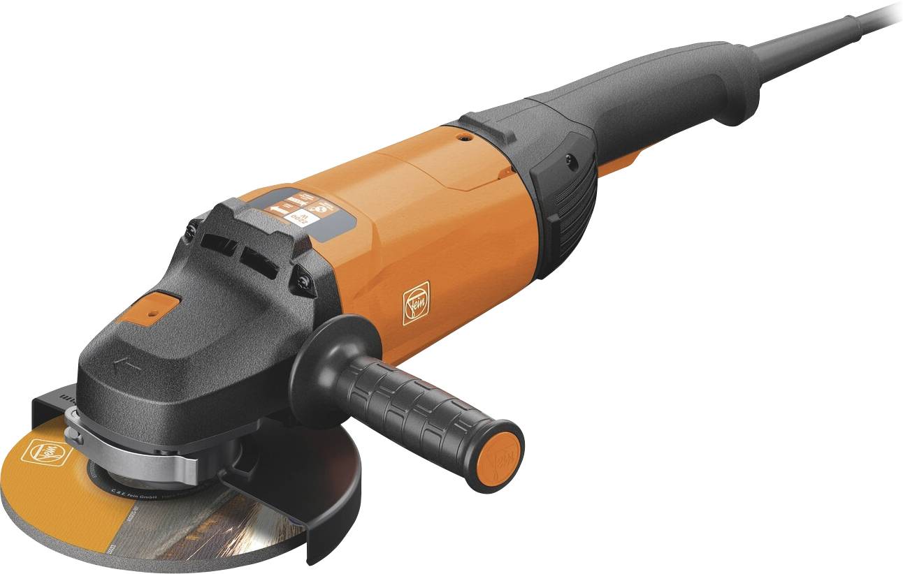 Orange und schwarze elektrische Winkelschleifer mit Seithengriff und Schneidscheibe auf weißem Hintergrund.