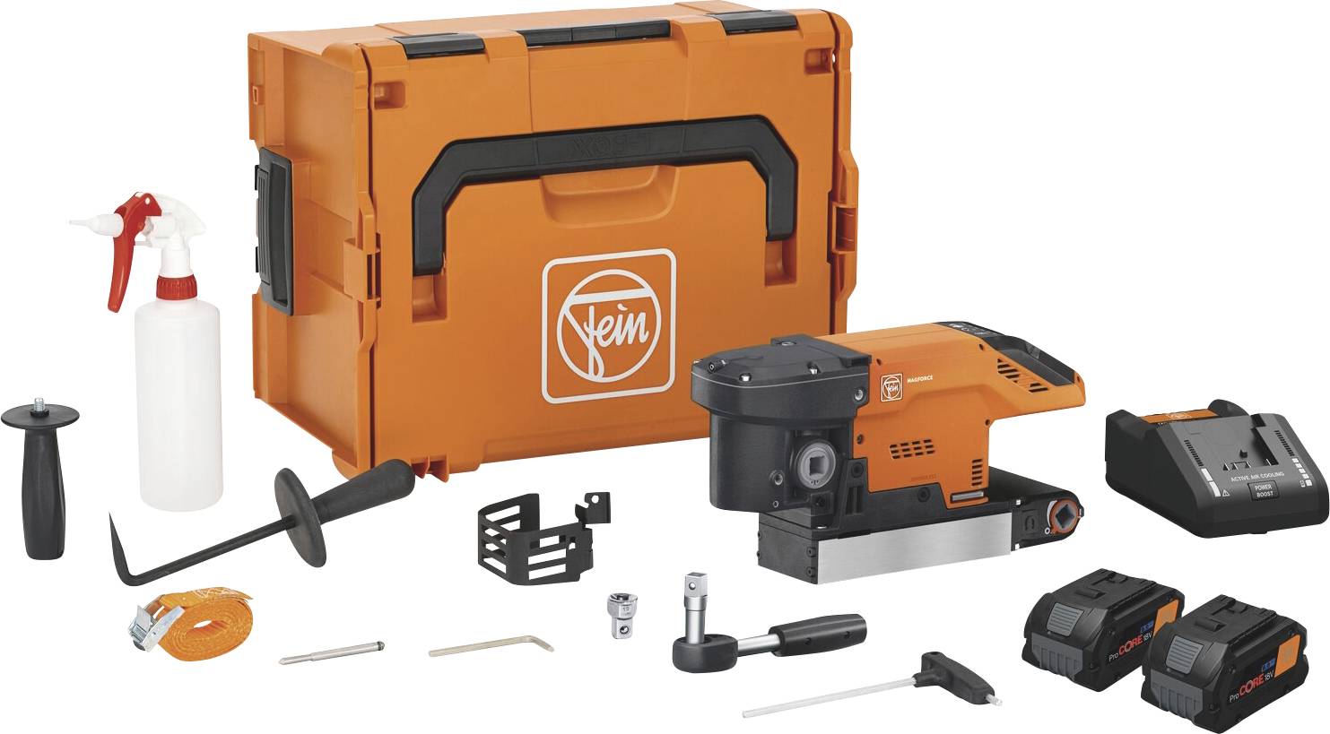 Orange-Akkuwerkzeug-Set im Transportkoffer mit Werkzeuggerät, Batterieladegerät, zwei Batterien, Sprühflasche, Griffen, Bits und Zubehör auf weißem Hintergrund angeordnet.