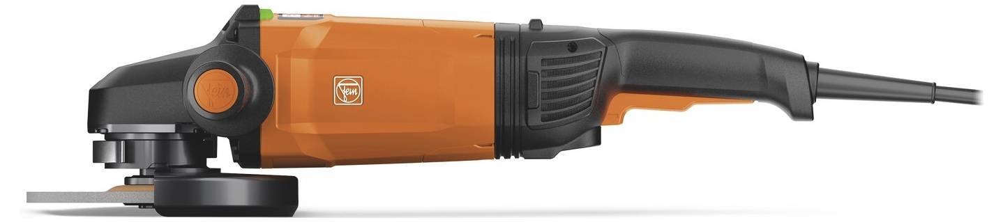 Seitenansicht eines orange-schwarzen tragbaren Elektroschleifers mit rundem Schleifteller und verlängertem Griff.