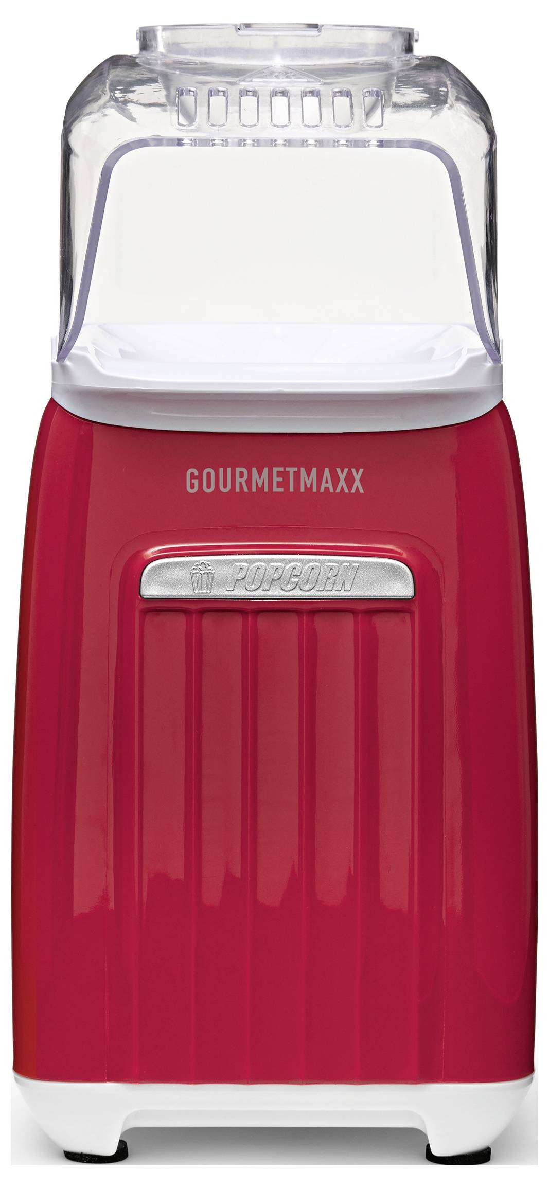 Popcorn-Maschine Red GourmetMaxx mit durchsichtigem Deckel und weißer Basis, Vorderansicht auf einfachem Hintergrund.