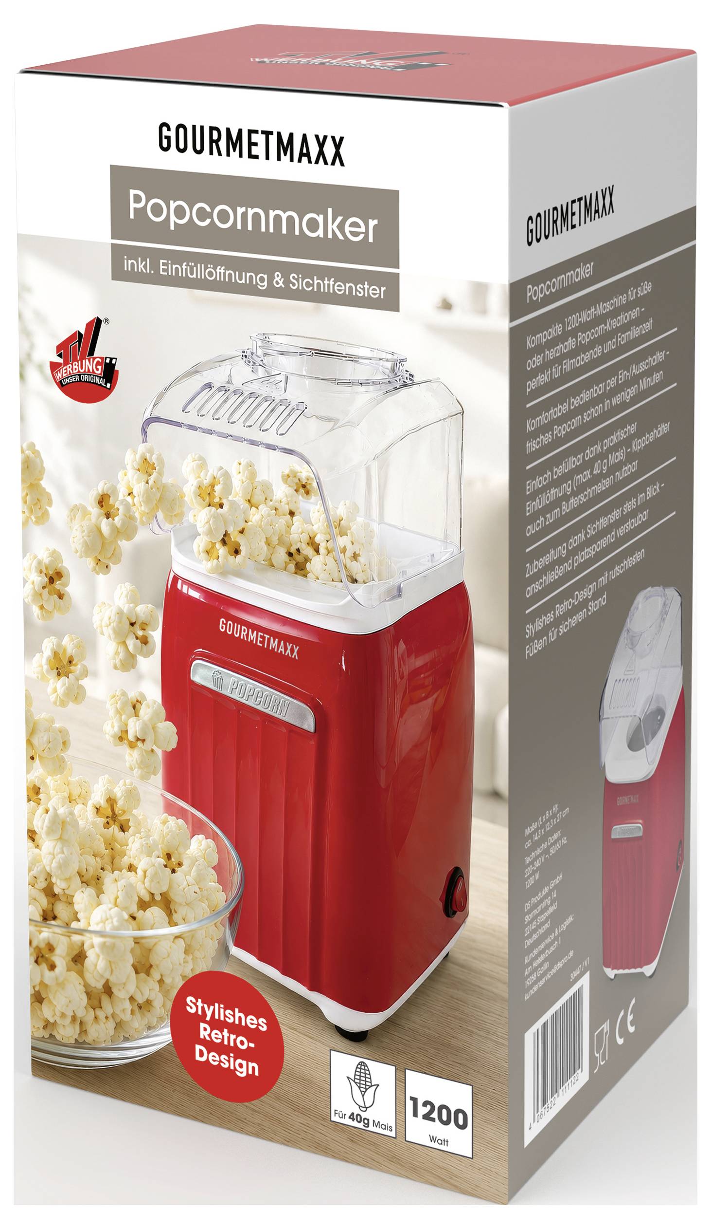 Schachtel für GOURMETMAXX Popcorn-Maschine, zeigt eine rot gestaltete Popcorn-Maschine im Retro-Stil mit '1200' und 'inkl. Einfüllöffnung & Sichtfenster' auf der Verpackung.