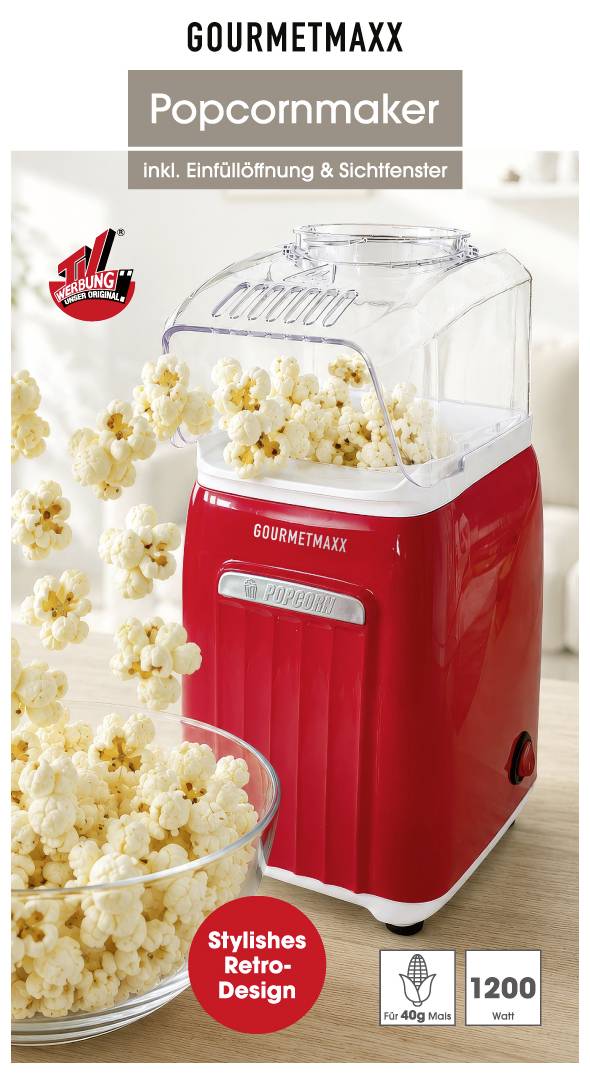 GOURMETMAXX Popcornmaker in Rot mit transparentem Deckel, sprüht Popcorn in eine Schale; mit Einfüllöffnung und Sichtfenster, 1200 Watt, Retro-Design.