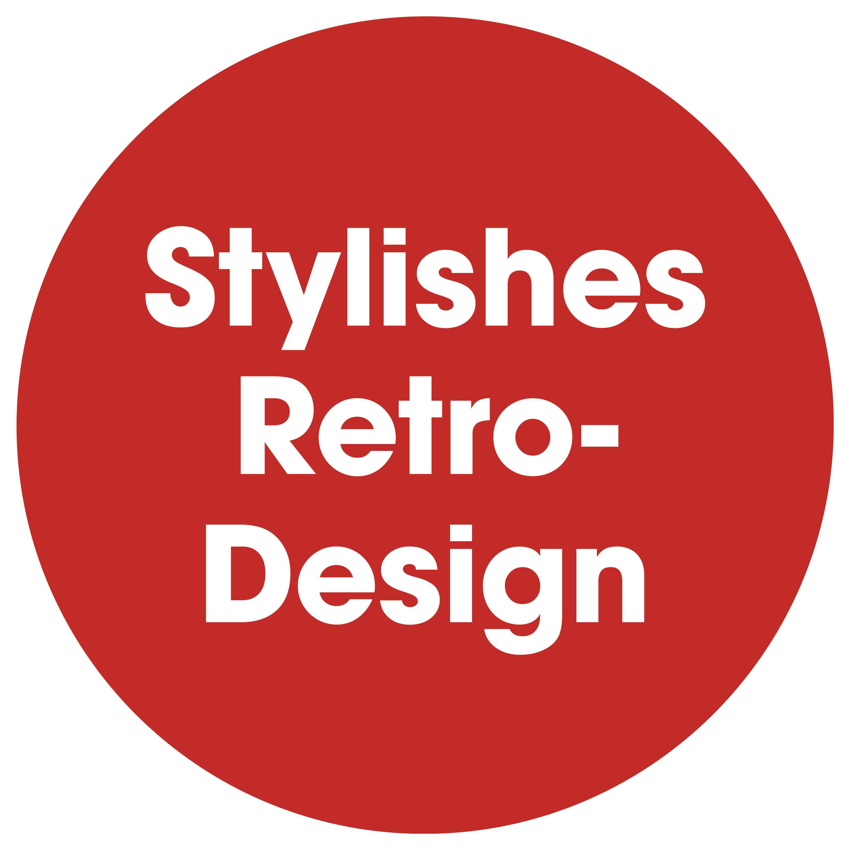 Roter Kreis mit weißer Aufschrift 'Stylishes Retro-Design' in drei Zeilen.